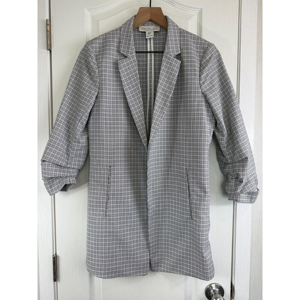 Rachel Zoe Women's Blazer Jacket Ruched Sleeve Open Front Black White Size XS